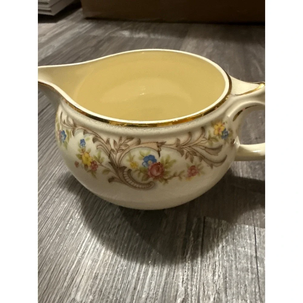 Vintage Taylor Smith Taylor 1631 Floral Creamer Pitcher Gold Trim USA Ceramic
